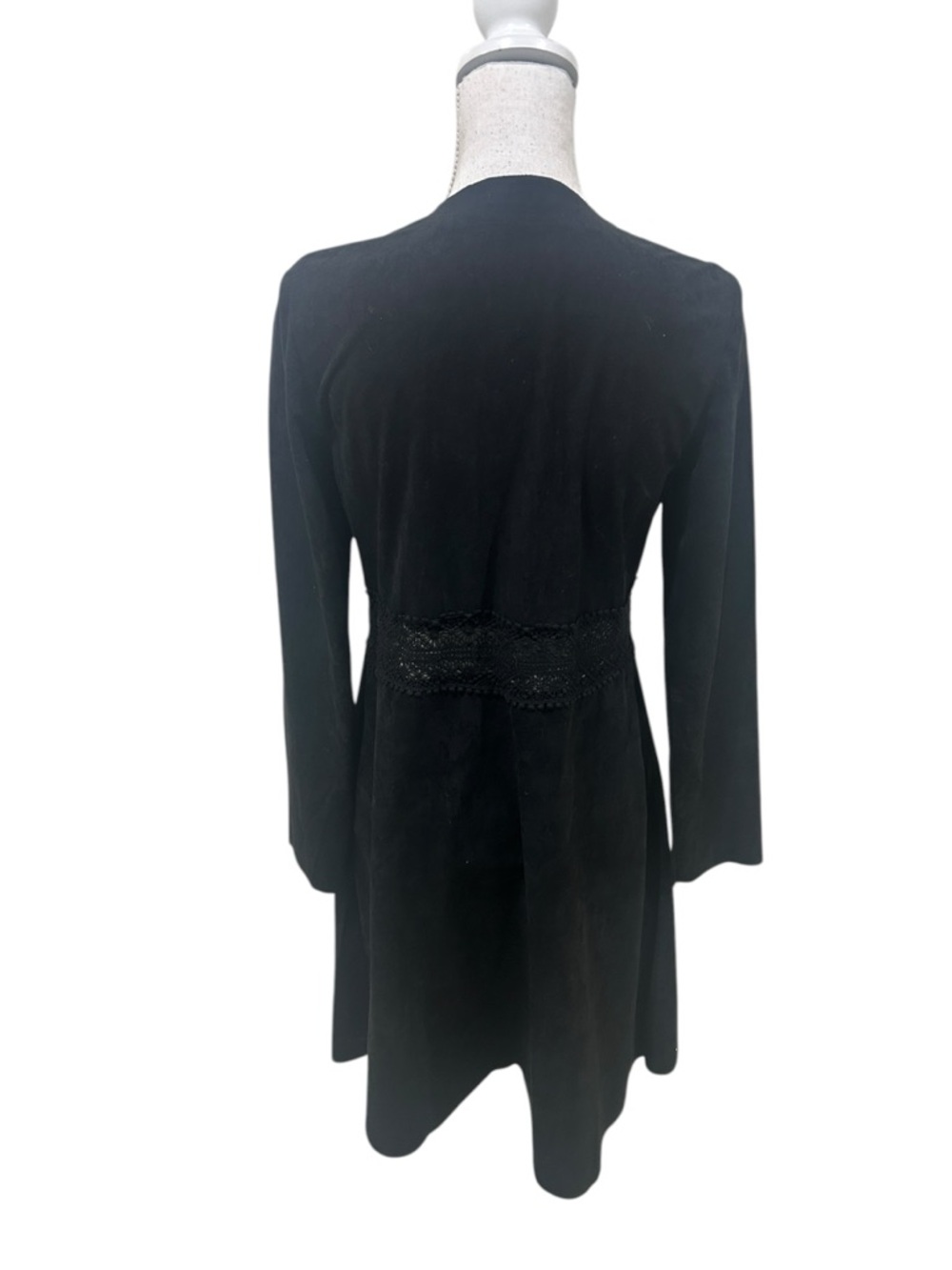Nwot Vocal black faux Suede Long duster Lace-Trim Military gold Button Jacket - Picture 7 of 11